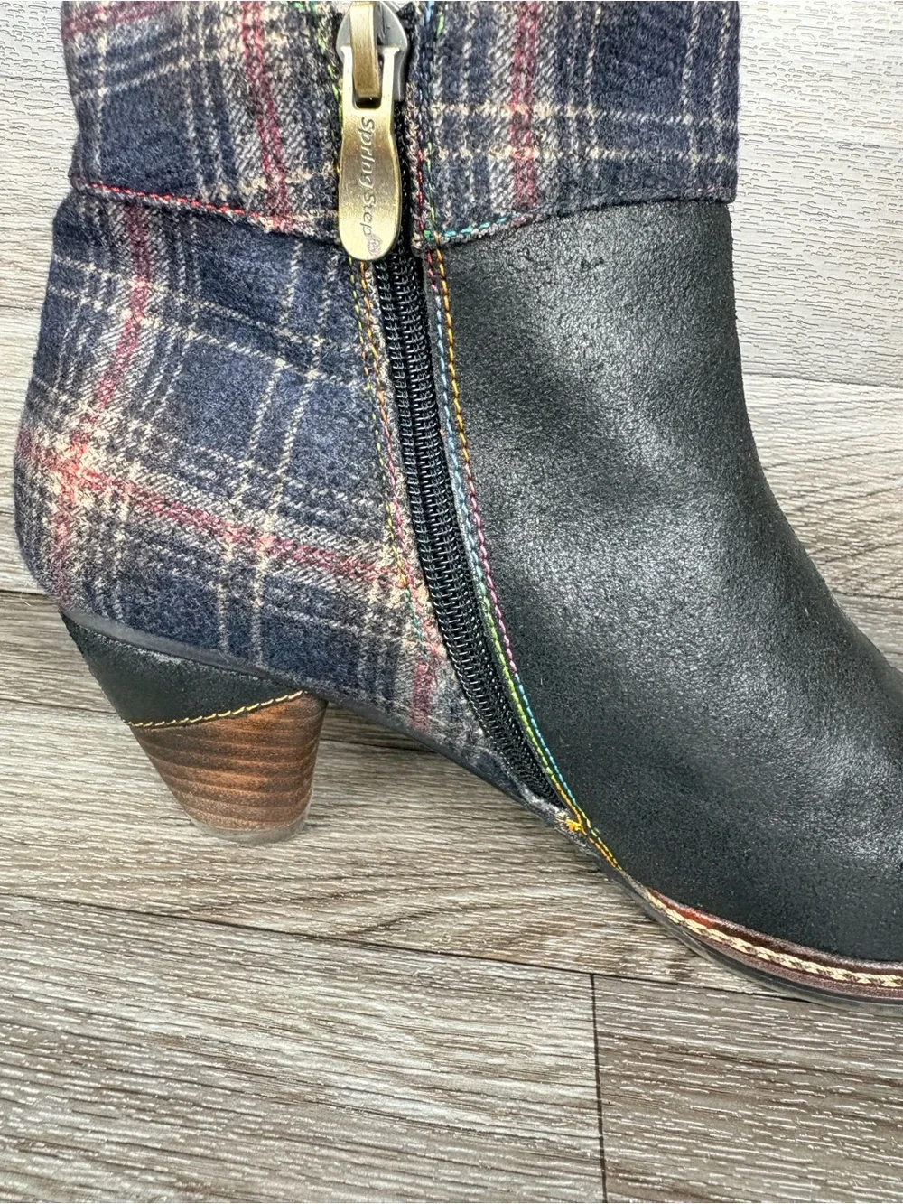 L'Artiste by Spring Step Scottala Ankle Boots Black Leather Plaid Fabric 8.5 39